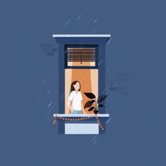 Une personne se tenant à une fenêtre avec une plante, sous la pluie, dans un mur bleu.